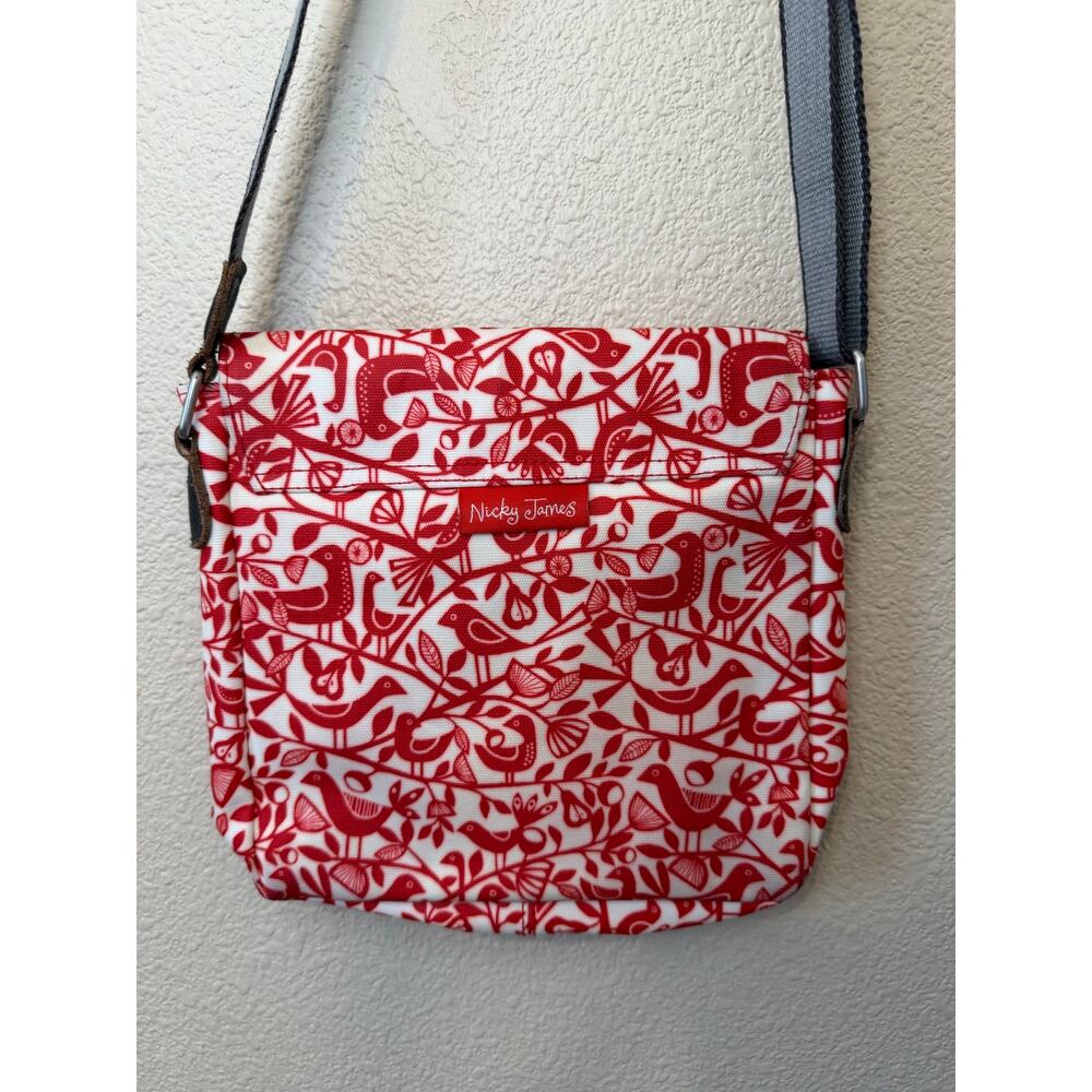 Nicky James Boho Bird & Pear Print Red & White Cross Body Bag Laminated Canvas - Picture 4 of 12